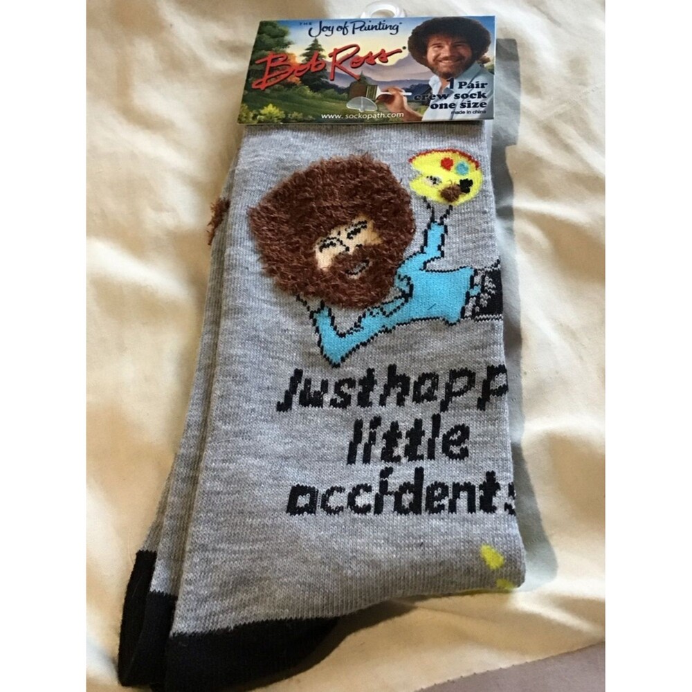 NWT Bob Ross Happy Little Accidents Crew Socks Novelty Art The Joy of Painting - Picture 3 of 4